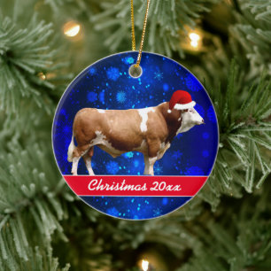 Simmental Bull och Santa    HatCeramic Ornament