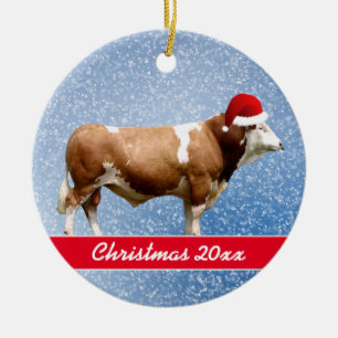 Simmental Bull och Santa    HatCeramic Ornament