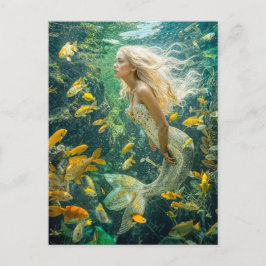 simning av sjöjungfru mellan fiskekolan i Gult Helg Vykort