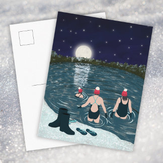Simning i öppet vatten i en sjö med snö jul helg vykort