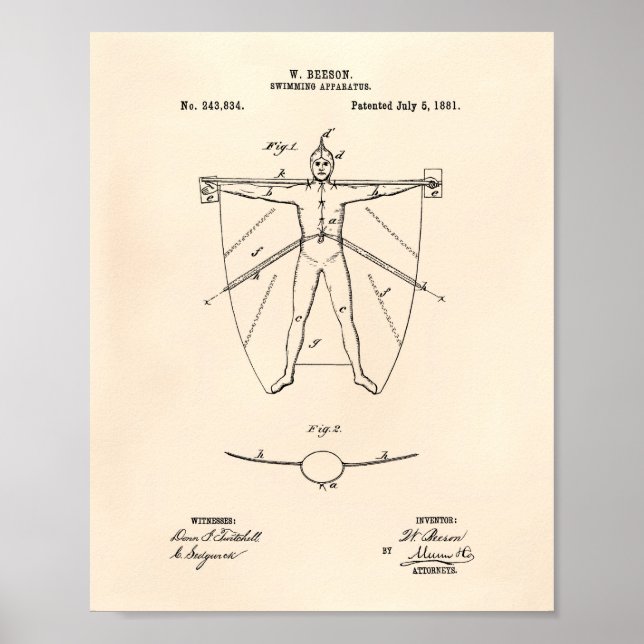 Simningsapparat 1881 Patent Art Old Peper Poster (Framsidan)