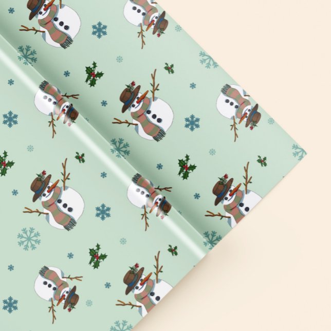 Simpático muñeco de nieve con copos de nieve presentpapper (Fun gift wrapping paper with snowmen, holly branches and snowflakes)