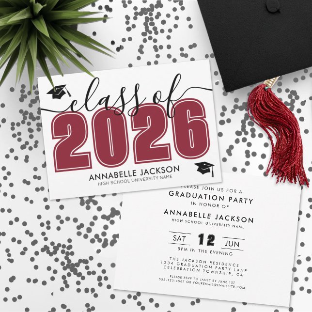 Simpel Röd Studentfest Inbjudningar (Simple Modern Red Graduation Party Invitation)