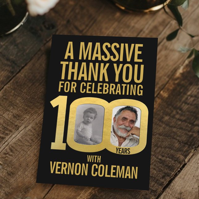 Simple 100th birthday photo black and gold  tack kort (Skapare uppladdad)