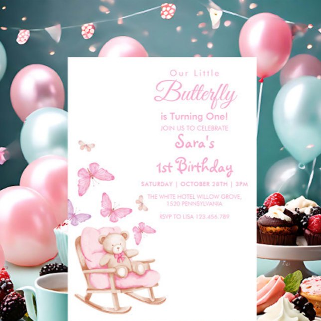 SImple 1st Birthday teddy & Butterfly Inbjudningar (Skapare uppladdad)
