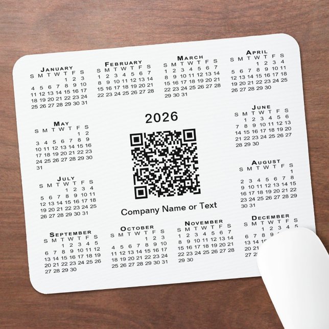 Simple 2026 Calendar Business QR Code on White Musmatta (Simple 2026 Calendar Business QR Code on White Mouse Pad, in situ)