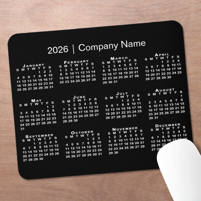 Simple 2026 Calendar Company Name on Black Musmatta (Simple 2026 Calendar Company Name on Black Mouse Pad, in situ)
