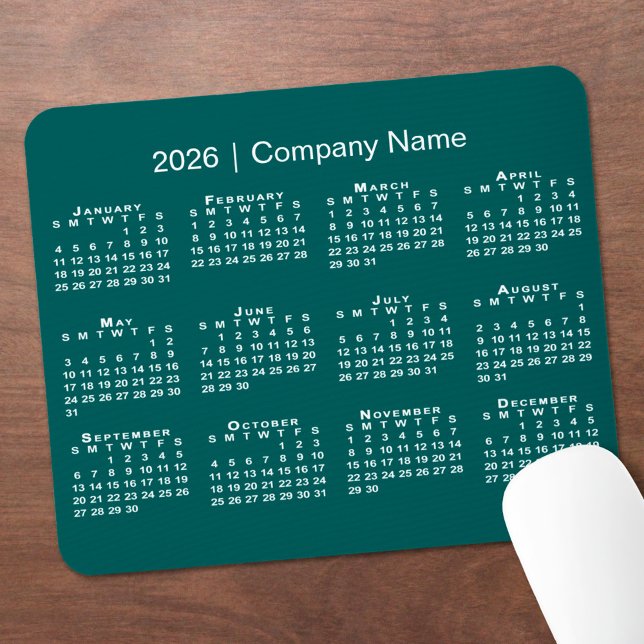 Simple 2026 Calendar Company Name on Blue-Green Musmatta (Simple 2026 Calendar Company Name on Blue-Green Mouse Pad, in situ)