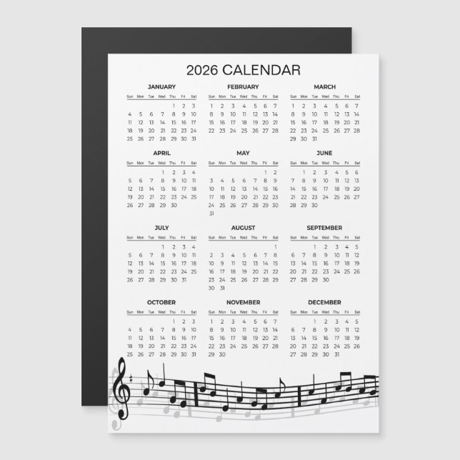 Simple 2026 Calendar with Musical Notes | Magnet (Fram/baksida)