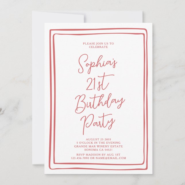 Simple 21st Birthday Hand drawn Script Red Photo Inbjudningar (Framsida)