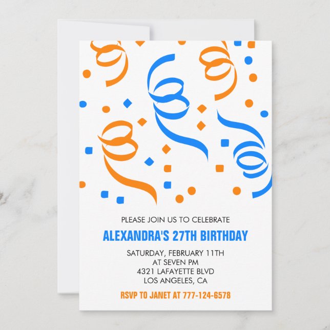 Simple 27th birthday invitations Confetti Blue Inbjudningar (Framsida)