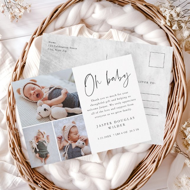 Simple 3 Photo Oh Baby Tack Vykort (Simple 3 photo oh baby announcement thank you postcards.)