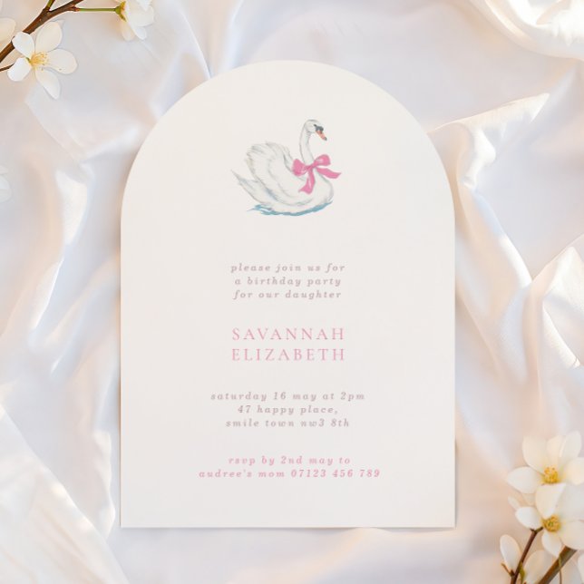 Simple Arch Swan & Pink Bow Girls Birthday Party Inbjudningar (Skapare uppladdad)