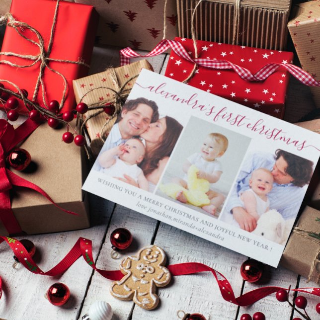 Simple Baby First jul Photo Collage Red Julkort (Skapare uppladdad)