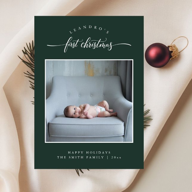 Simple Baby Första jul - Grönt med ett enda foto Julkort (Skapare uppladdad)