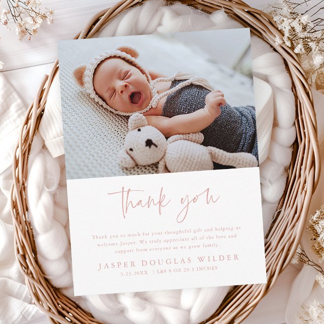 Simple Baby Photo Birth Stats Thank You Card Vykort (Minimal script baby photo thank you cards.)