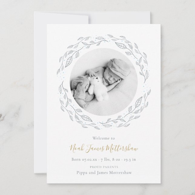 Simple Baby Photo Botanical Garland Boy Birth Meddelande (Framsida)