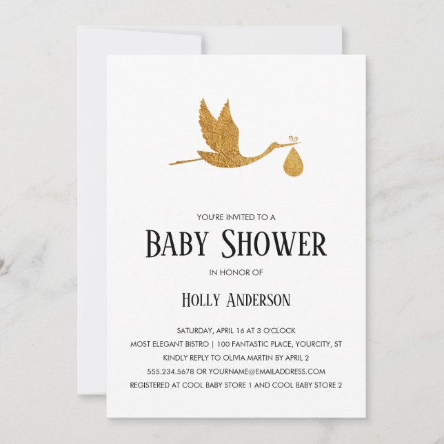 Simple Baby Shower Faux Gold Foil Stork w/ Bundle Inbjudningar (Framsida)