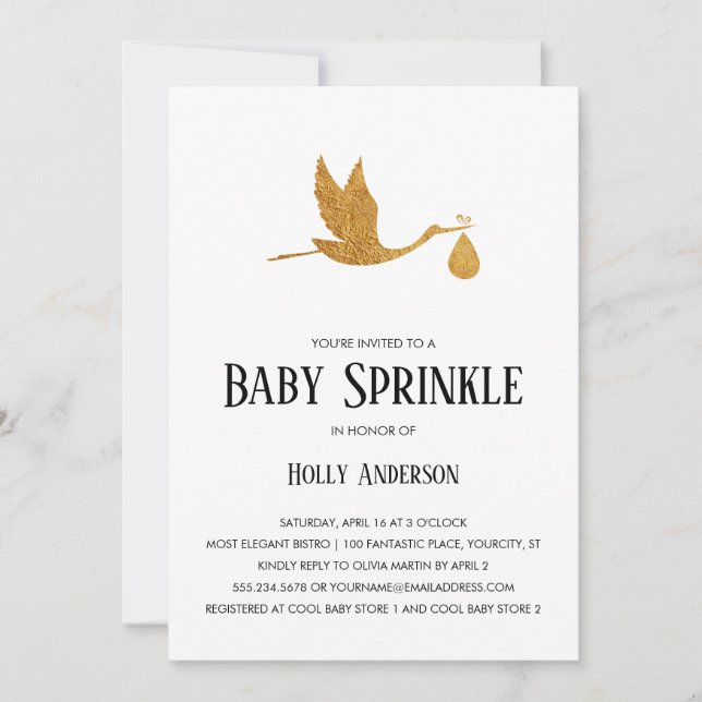 Simple Baby Sprinkle Faux Gold Foil Stork w Bundle Inbjudningar (Framsida)