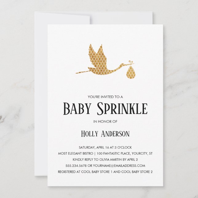 Simple Baby Sprinkle Preppy Guld Stork w Bundle Inbjudningar (Framsida)