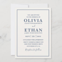 Simple Beige Dusty Blue Minimalist Border Wedding  Inbjudningar