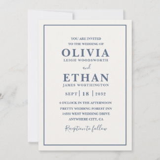 Simple Beige Dusty Blue Minimalist Border Wedding  Inbjudningar