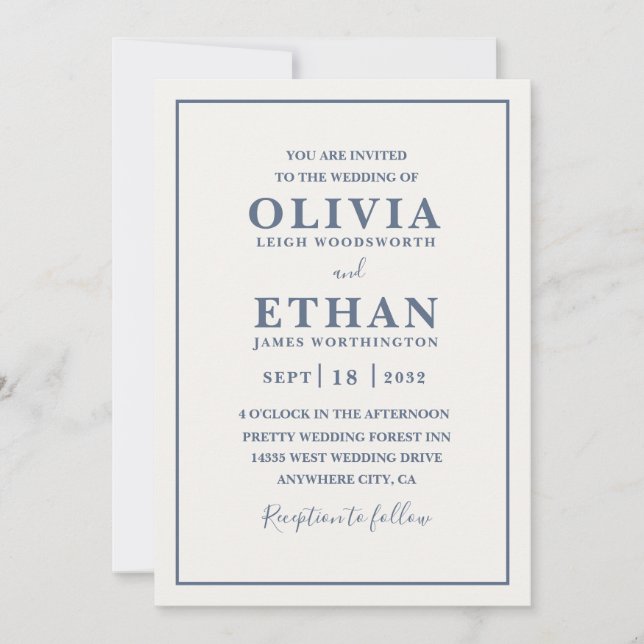 Simple Beige Dusty Blue Minimalist Border Wedding  Inbjudningar (Framsida)