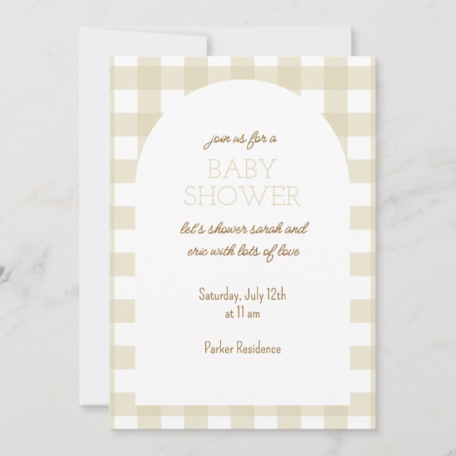 Simple Beige Gingham Baby Shower-inbjudan Inbjudningar (Framsida)