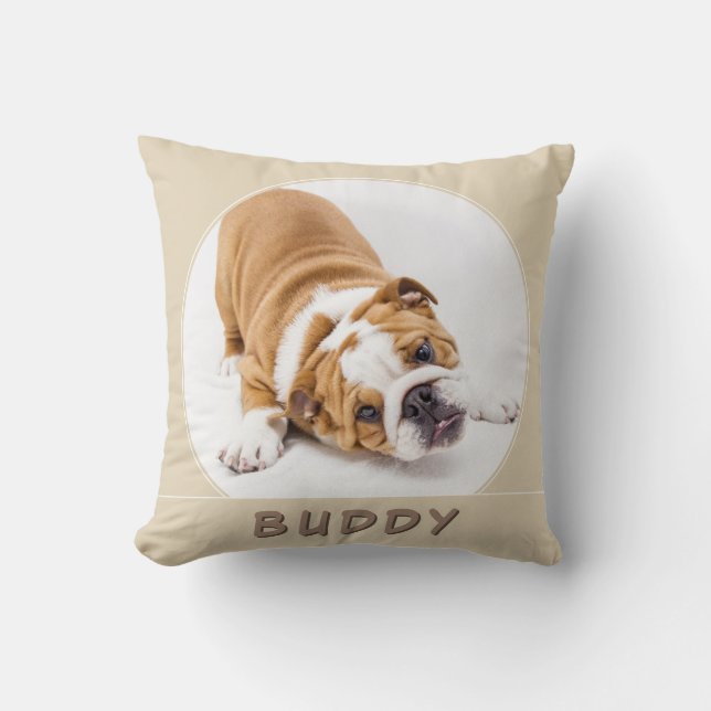 Simple Beige Hund Pet Puppy Namn och Photo Kudde (Framsida)