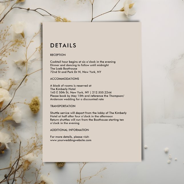 Simple Beige Wedding Details  Tilläggskort (Simple Beige Wedding Details Enclosure Card)