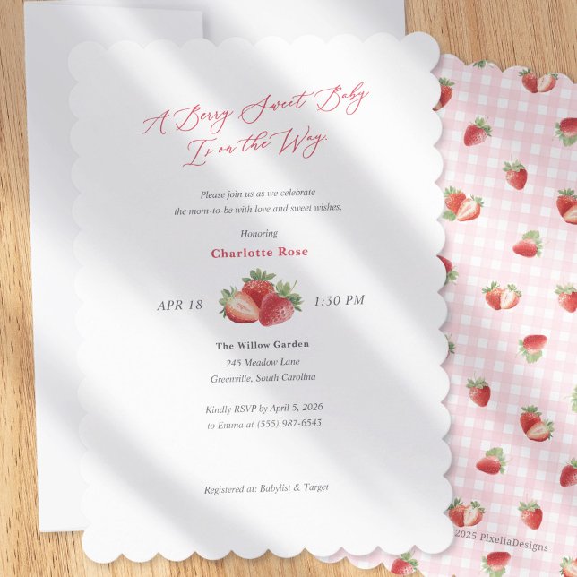 Simple Berry Sweet Strawberry Themed Baby Shower Inbjudningar (Simple Berry Sweet Baby Girl Shower Invitation-Spring Baby Shower invites.)