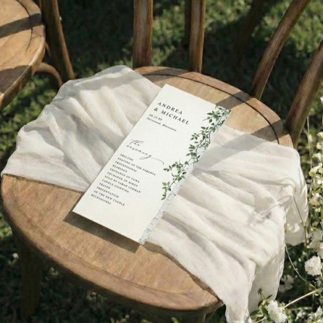 Simple Birch Träd Greenery Foliage Bröllop Program (Elegant Woodsy Birch Tree Wedding Programs)