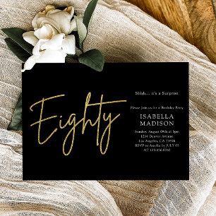 Simple Black and Guld Glitter 80:e födelsedagen Inbjudningar