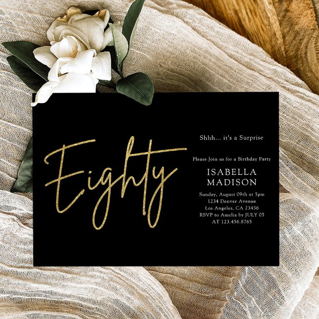 Simple Black and Guld Glitter 80:e födelsedagen Inbjudningar (Simple Black and Gold Glitter 80th Birthday Invitation
)