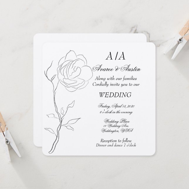 Simple Black and White Jasmine Stem Inbjudningar (Fram/Back In Situ)