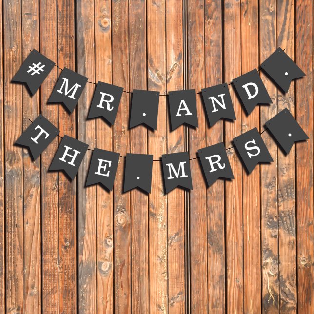 Simple Black and White Mr. och Mrs Bröllop. Vimplar (Add your own wedding hashtag to these black and white bunting flags)