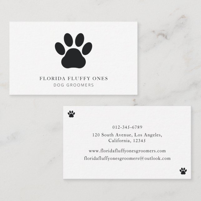 Simple Black and White Paw Print Dog Groomer Visitkort (Fram/baksida)