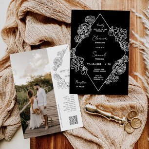 Simple Black Botanical Line Art Boho QR-kodfoto Inbjudningar