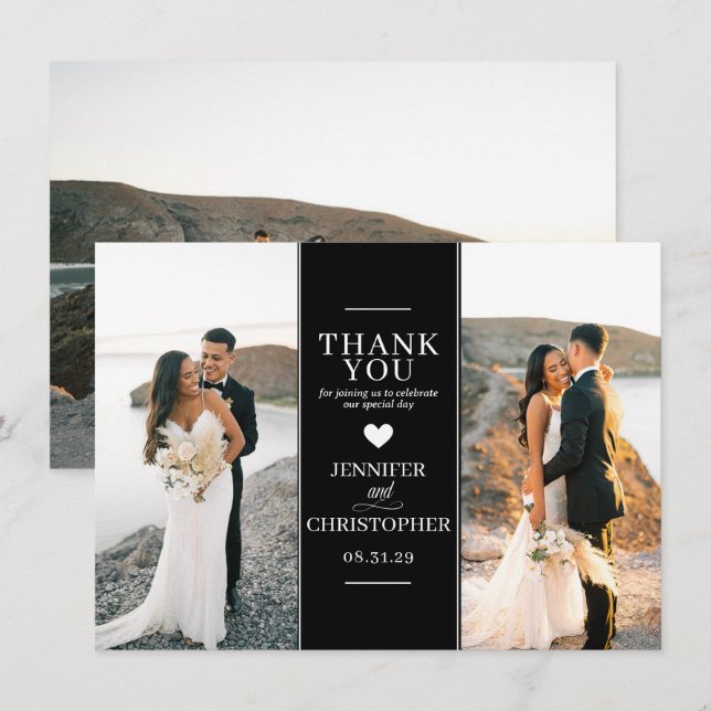 Simple Black Bröllop Photo Tack Kort (Fram/baksida)