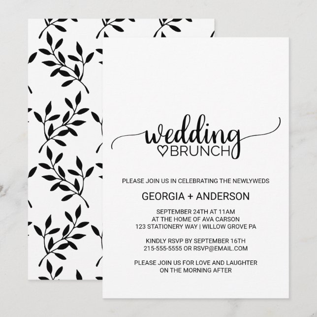 Simple Black Calligraphy Bröllop Brunch Inbjudningar (Fram/baksida)