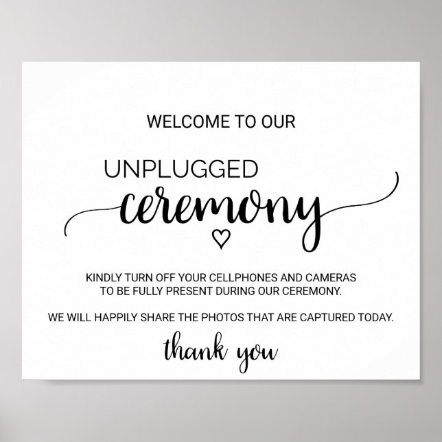 Simple Black Calligraphy Unplugged Ceremony Sign Poster (Framsidan)