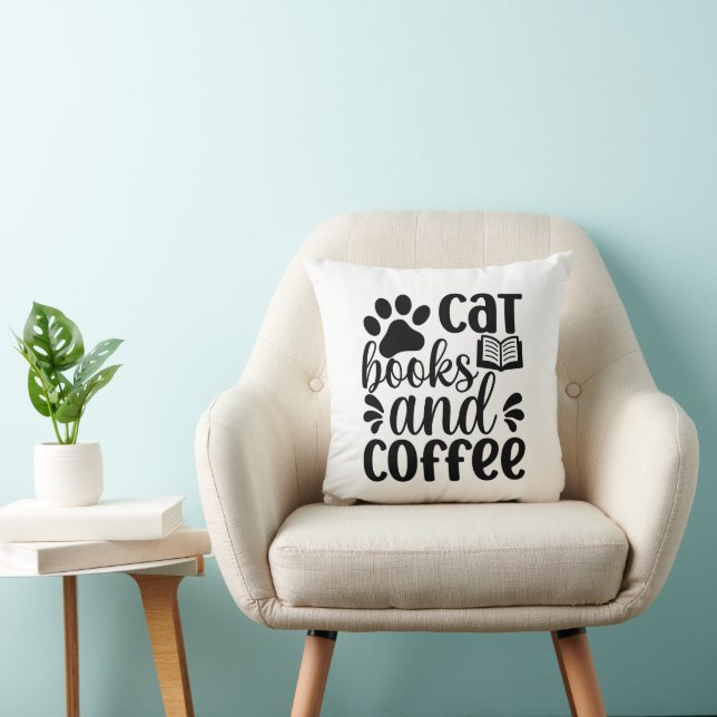 Simple Black "Cat Books and Coffee" Lover Gift Kudde (Stol)