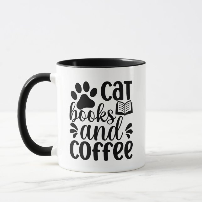 Simple Black "Cat Books and Coffee" Lover Gift Mugg (Vänster)