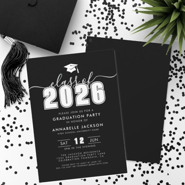 Simple Black Graduation Party Inbjudningar (Simple Modern Black Graduation Party Invitation)