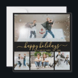 Simple Black Guld 4 Photo Collage Lycklig Julkort<br><div class="desc">Elegant Calligraphy, Minimalist Black and Guld 4 Photo Collage Lycklig Helgdag Script Card. Det här snygga, enkla fyra (4) fotojulkortet har en söt fotokollage och säger "Glad helg"! Texten "Glad helg" hälsning är skriven i ett vackert handskrivet, snabbt och färdigt, svan-typsnitt i guld på vit svart bakgrund. På baksidan av...</div>
