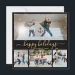 Simple Black Guld 4 Photo Collage Lycklig Julkort<br><div class="desc">Elegant Calligraphy, Minimalist Black and Guld 4 Photo Collage Lycklig Helgdag Script Card. Det här snygga, enkla fyra (4) fotojulkortet har en söt fotokollage och säger "Glad helg"! Texten "Glad helg" hälsning är skriven i ett vackert handskrivet, snabbt och färdigt, svan-typsnitt i guld på vit svart bakgrund. På baksidan av...</div>