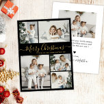 Simple Black Guld 5 Photo Collage jul Julkort<br><div class="desc">Enkelt, Elegant Calligraphy Black och Guld 5 Photo Collage God jul Script Helgdag Card. Den här sjutna, minimalistiska, viskösa 5 (5) fotokortmallen Julhälsningar ett söt-rutnätsfotokollage och säger "God jul"! Texten "God jul" hälsning är skriven i ett vackert handskrivet teckensnitt som snabbt byts ut mot svan i guld mot svart bakgrund...</div>