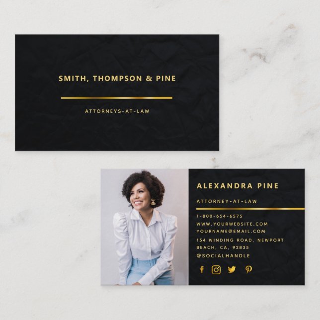 Simple Black Guld Line Corporate Photo Business Visitkort (Fram/baksida)