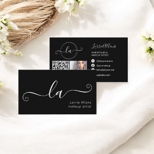 Simple Black Minimalist Photo Qr Makeup Artist Visitkort