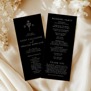 Simple Black Modern Blommigt Monogram Tall Bröllop Program